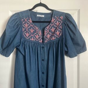 Embroidered Denim Dress with Red Accents